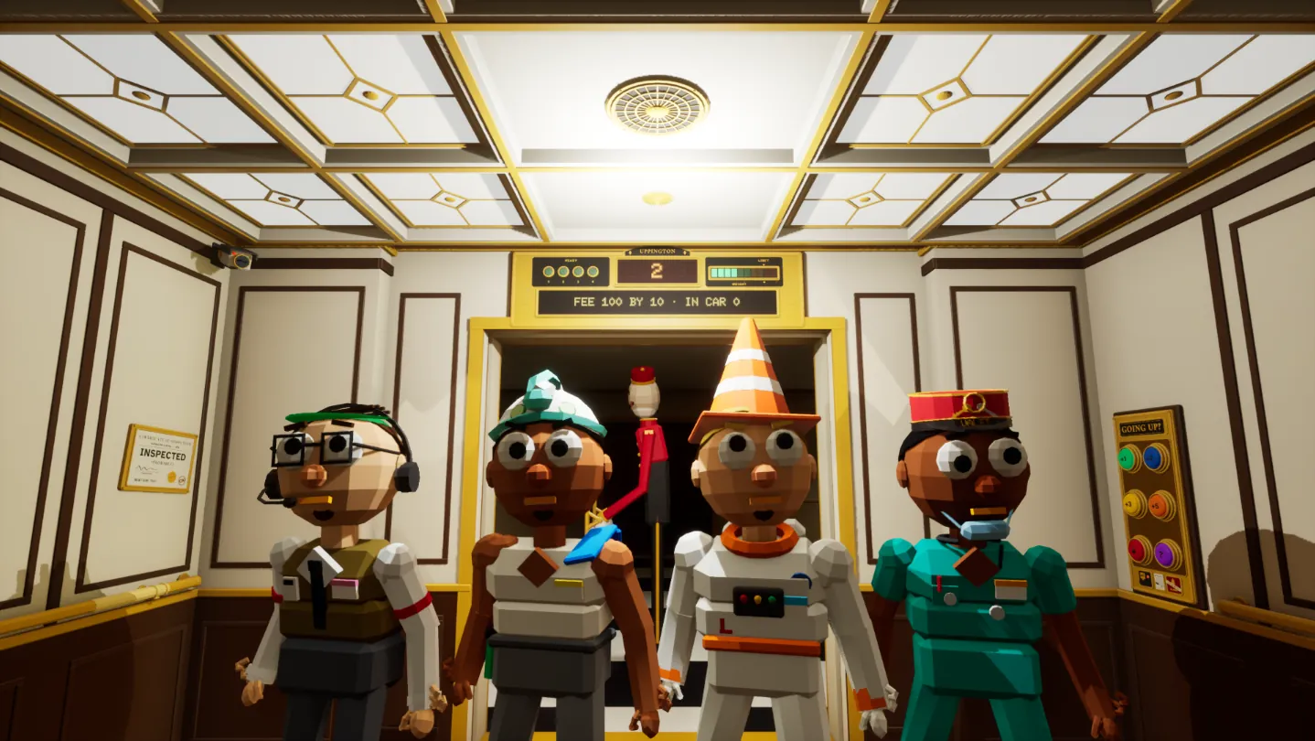 Four guests in party hats and work clothes stand in a gilded elevator car, the Bellhop behind them in the doorway